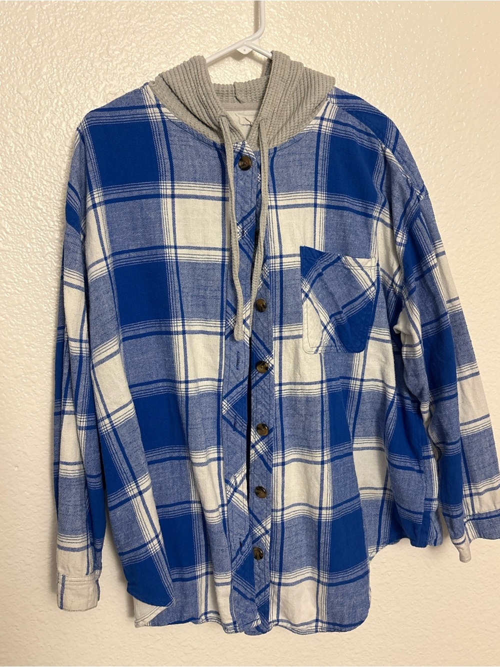 Maurices Blue Plaid Hooded Flannel Shirt Shacket Gray Waffle Hood 2X
